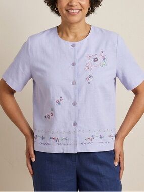 Vinatge Koret Purple Button Front Embroidered Short Sleeve‎ Shirt Top Size Large